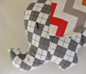 Personalised Soft toy - elephant cushion - handmade with designer fabric by Robert Kaufman in grey and white - unixex gift 