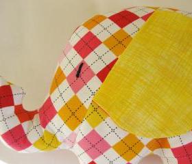 Personalised Soft toy - elephant cushion - handmade with designer fabric by Robert Kaufman colorful check design - unixex gift