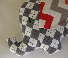 Elephant toy - elephant cushion - handmade with designer fabric by Robert Kaufman - grey check - and name embroidered on the ears