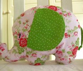 Elephant toy - elephant cushion - handmade with designer fabric by Tanya Whelan - gorgeous floral in tones of pink and greenck - and name embroidered on the ears